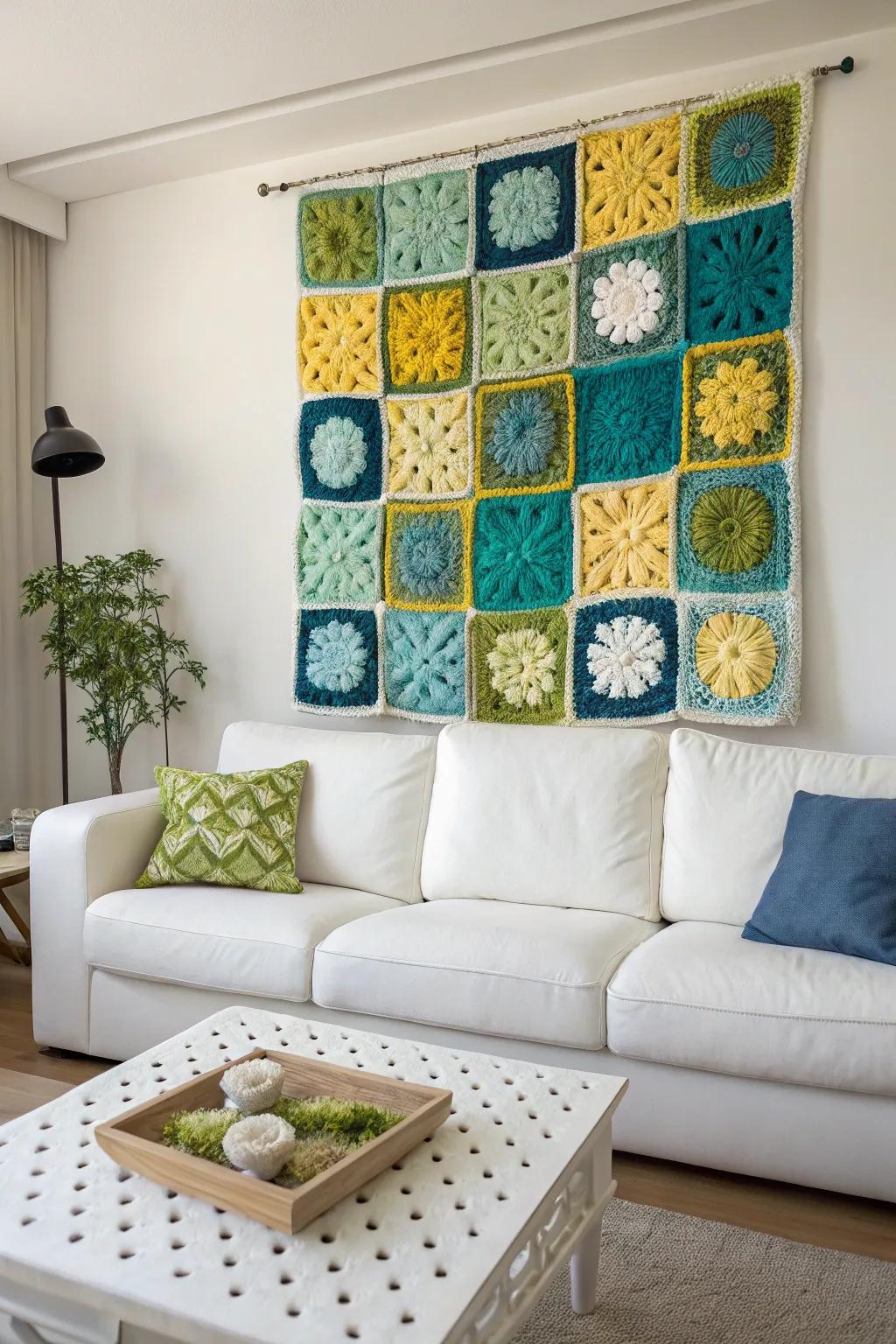 A creative wall hanging crafted from granny squares, perfect for adding artful charm to any space.