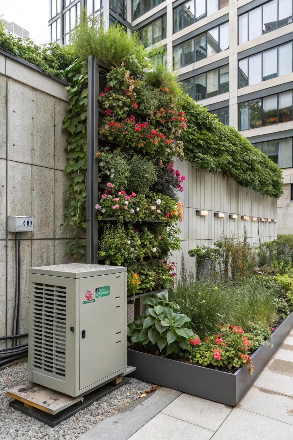 A vertical garden creatively hides the generator while saving space.