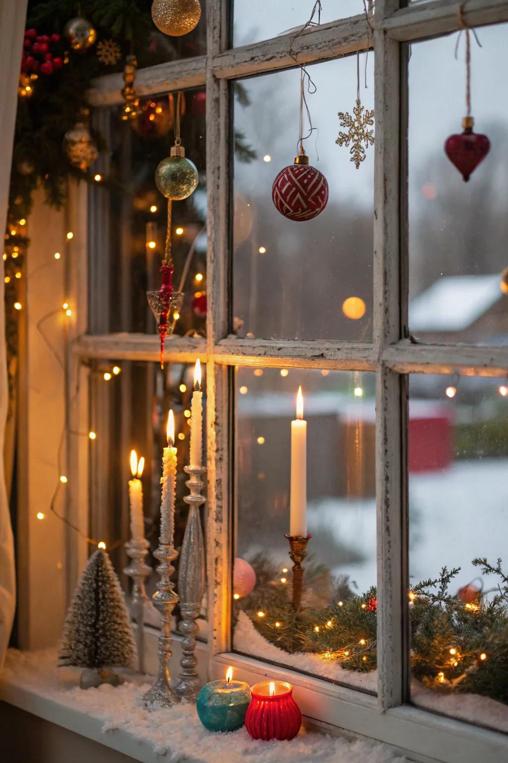 A window with vintage holiday charm and decor.