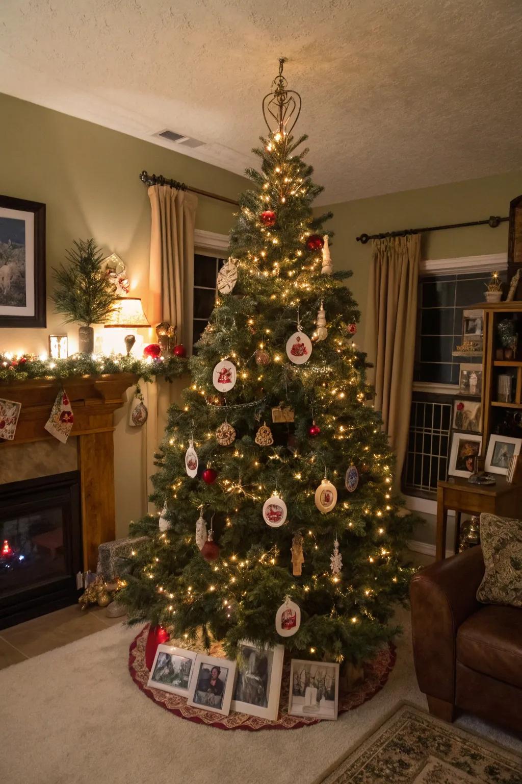 A Christmas tree decorated with ornaments that hold cherished memories.