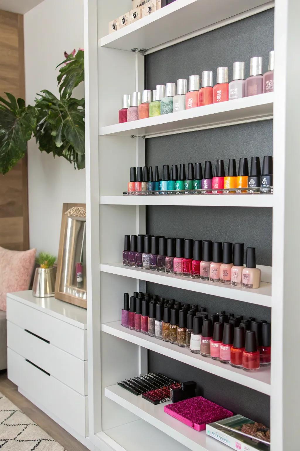 A bookcase offers ample space for organizing a large nail polish collection.