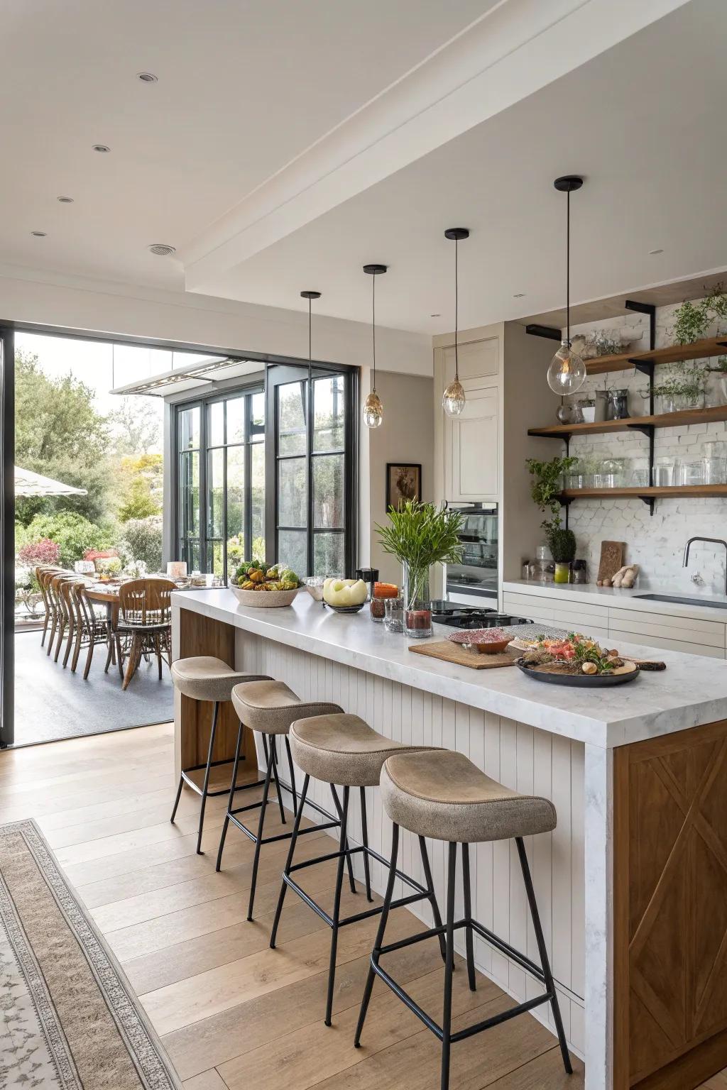 An open-plan kitchen with a peninsula defining distinct zones.