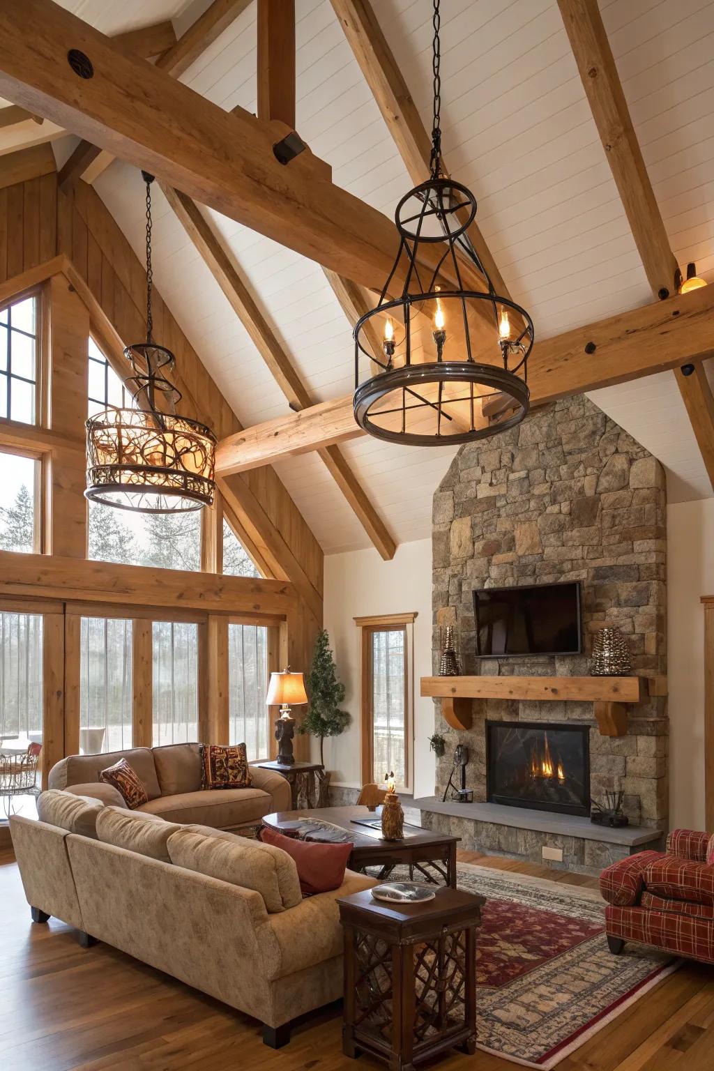 Natural materials add warmth and texture to a vaulted ceiling room.