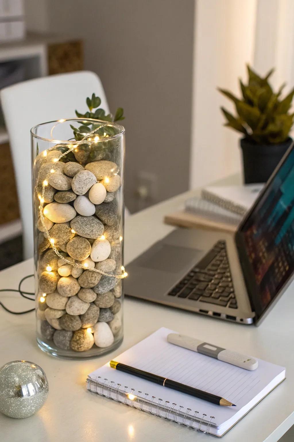 A calming office ambiance with layered stones and lights.