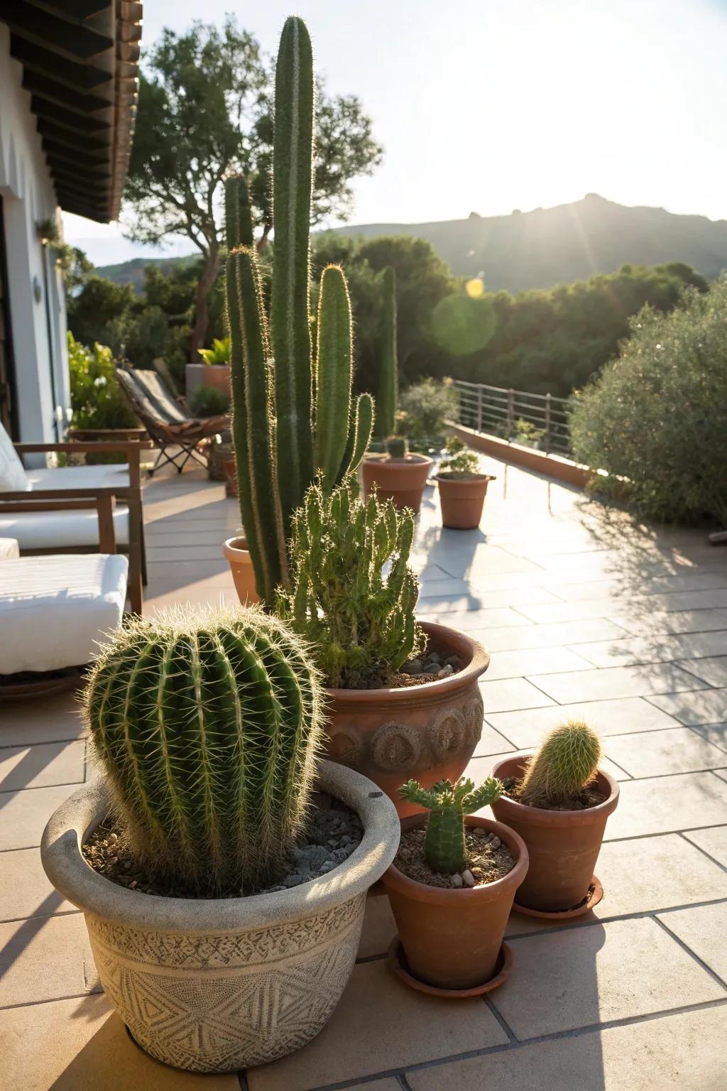 Cacti offer sculptural beauty and thrive in dry, sunny conditions.