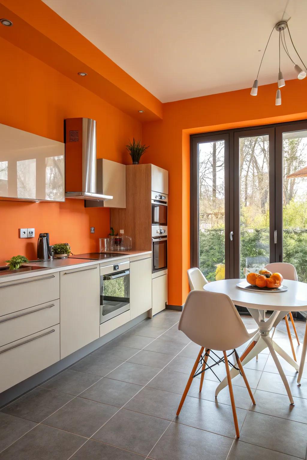 Bright orange walls add vibrancy and playfulness to the kitchen.