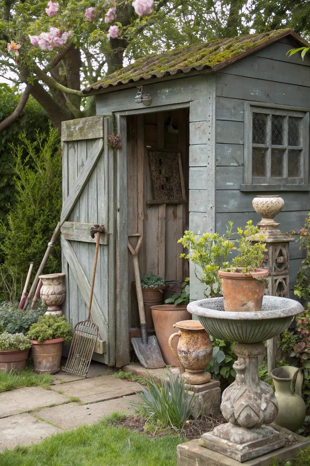 A shed with a vintage feel, featuring a distressed grey finish.