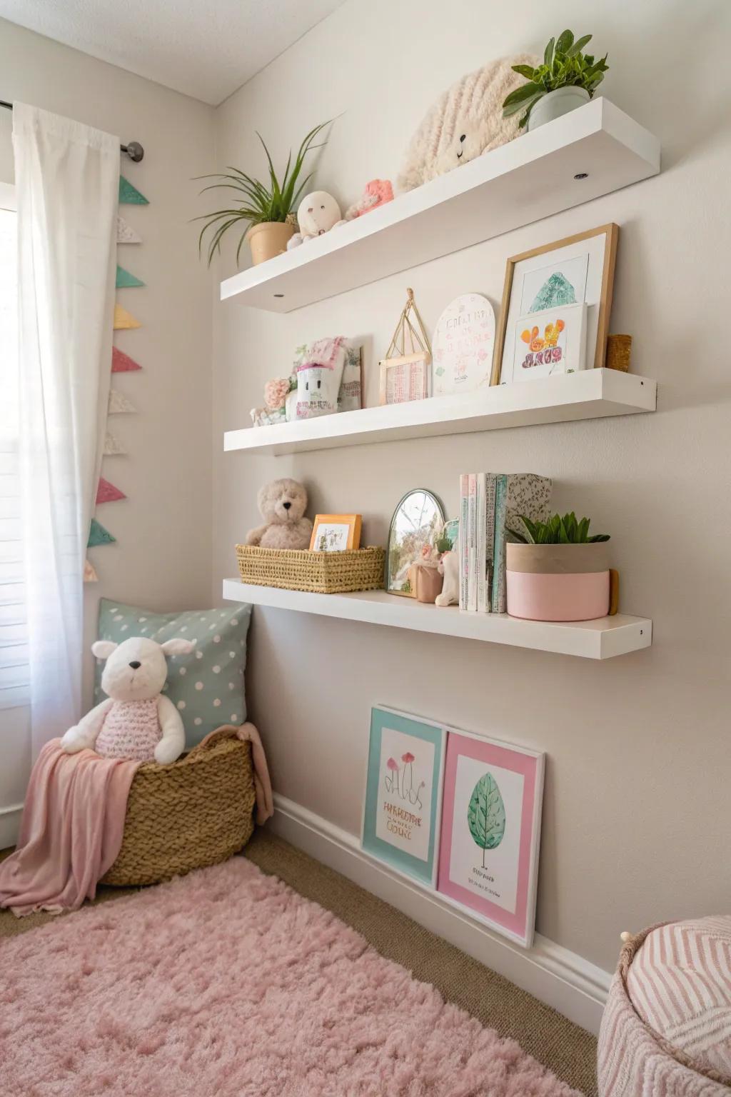 Floating shelves displaying decor and essentials in a small nursery.