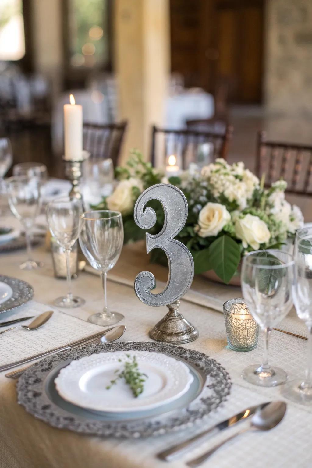 Custom pewter table numbers elevate event decor.