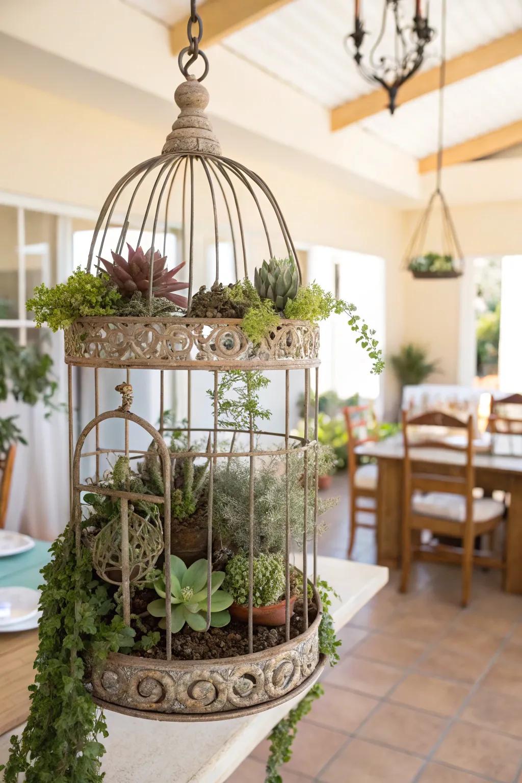 A birdcage planter adds whimsy and charm to any space.