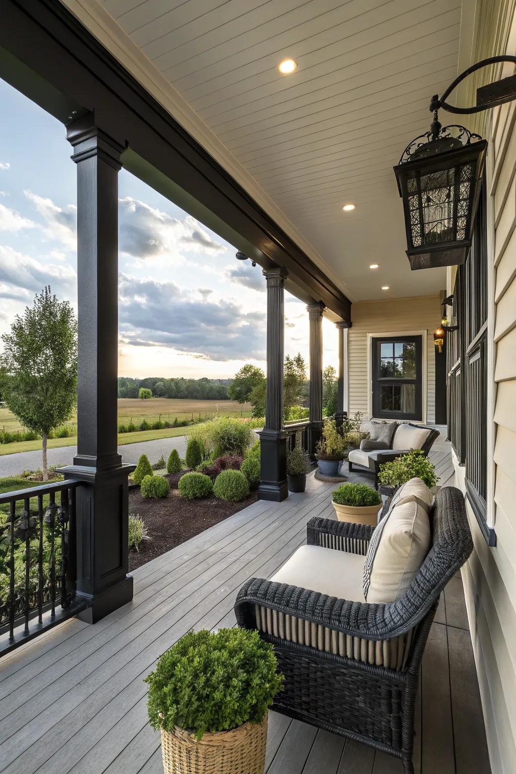 Elegant black accents add drama and sophistication to this modern porch.