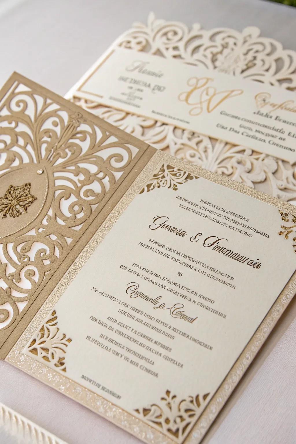 An intricate quinceañera invitation with beautiful laser-cut designs