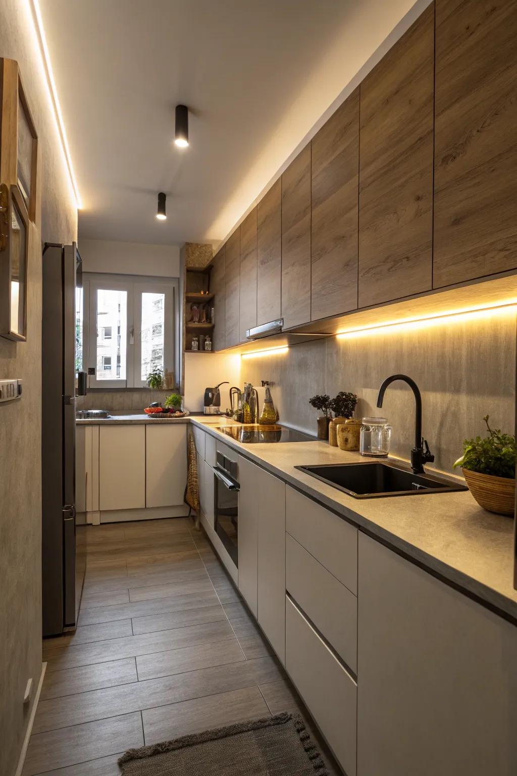 Under-cabinet lighting in a small kitchen enhances both functionality and ambiance.