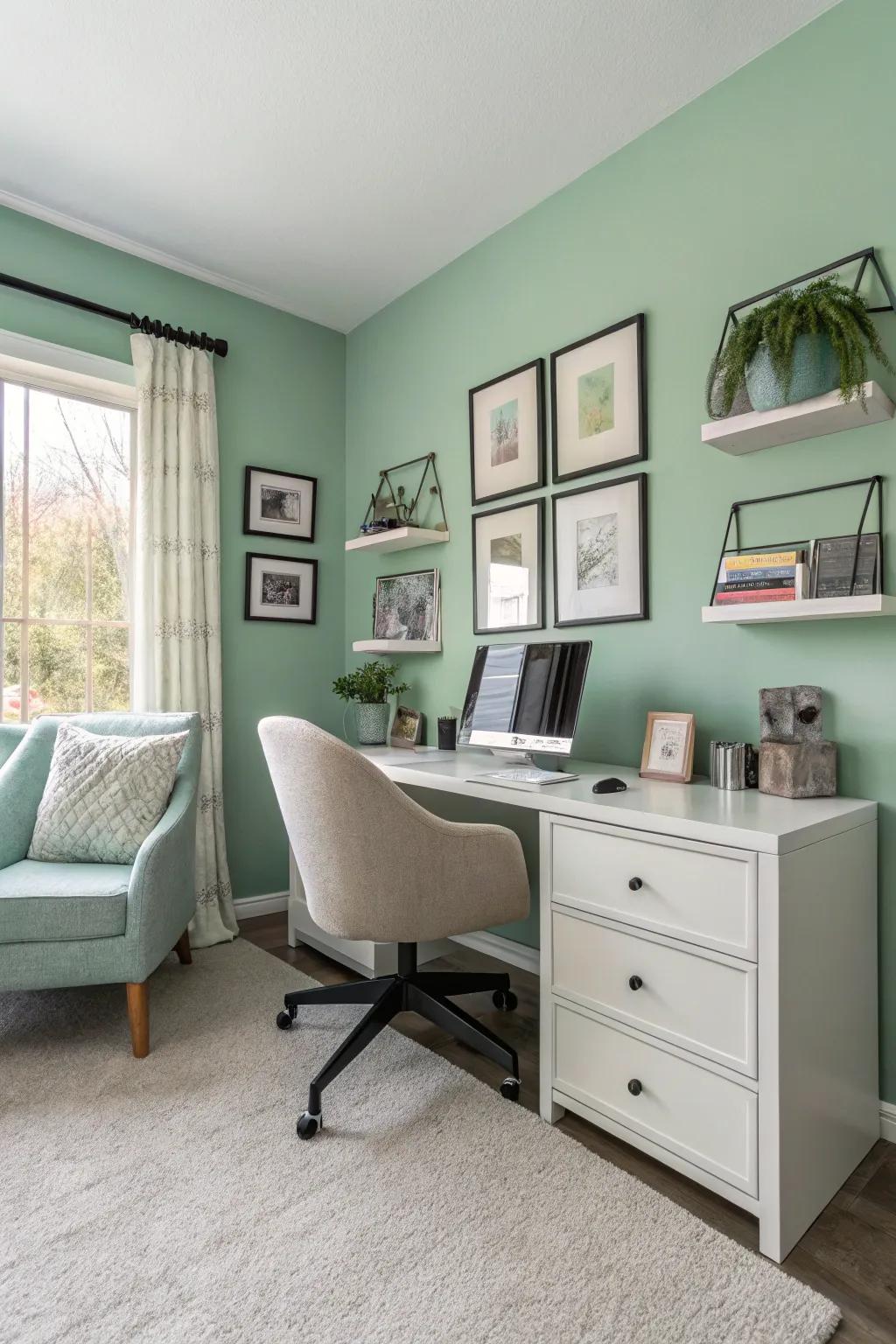 A calming and productive home office with soothing seafoam green walls.