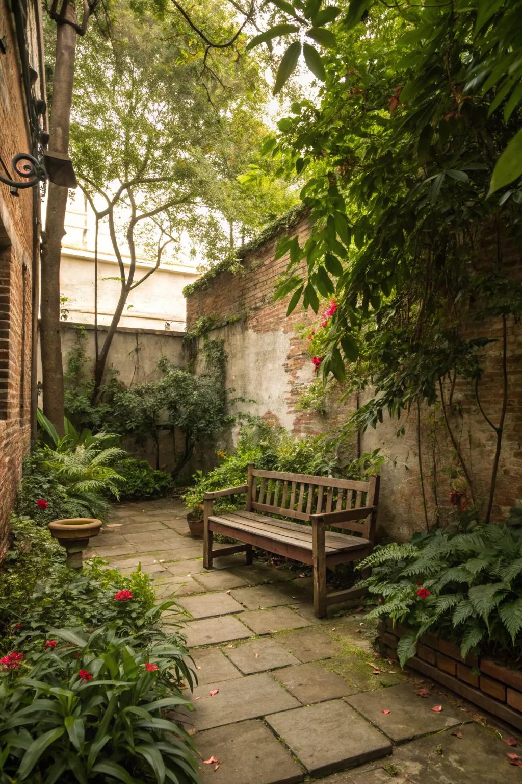 A small courtyard with a rustic wooden bench surrounded by greenery.