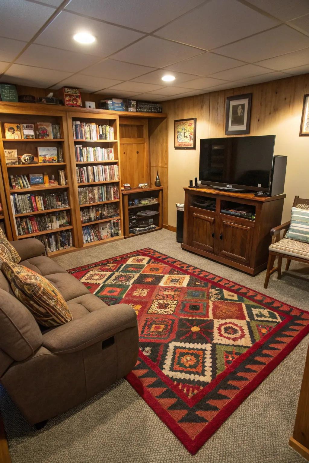 A statement rug defines your man cave and adds warmth.