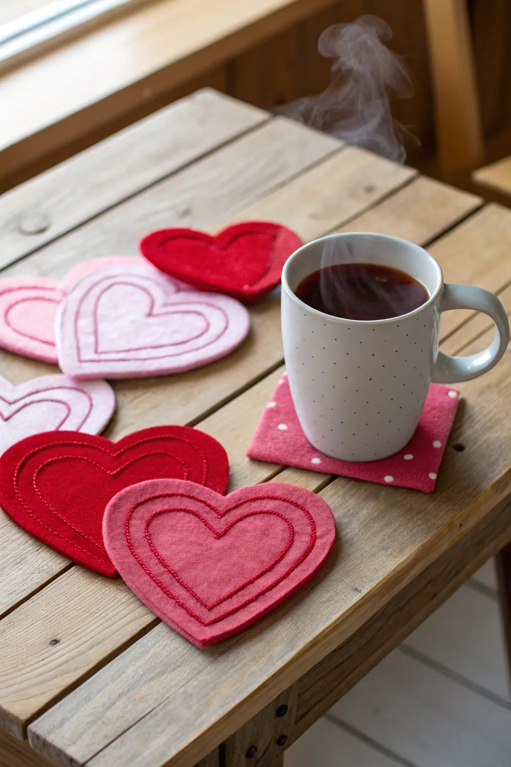 Knitted heart coasters for cozy coffee moments.