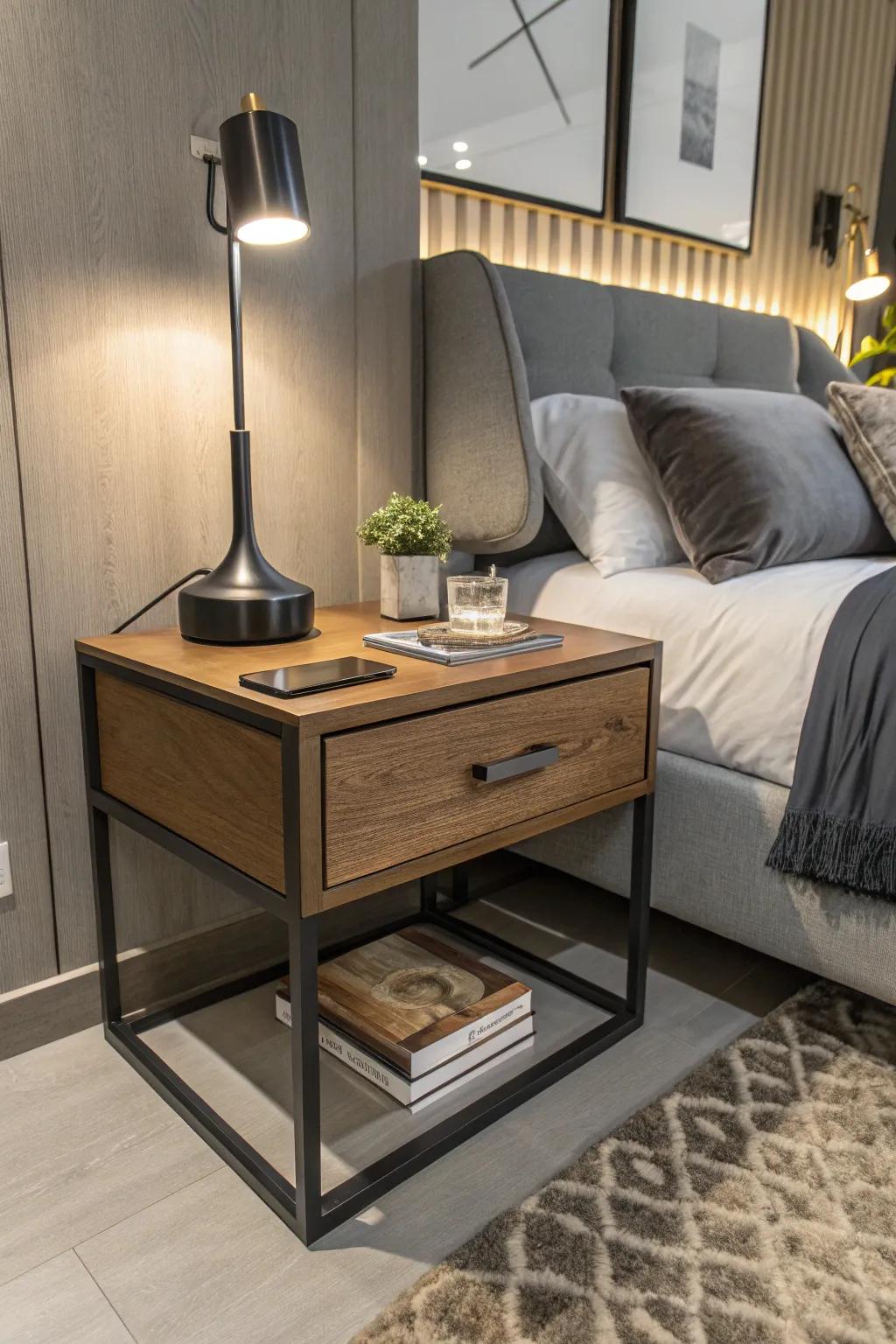 A bedside table that combines modern design with natural warmth.