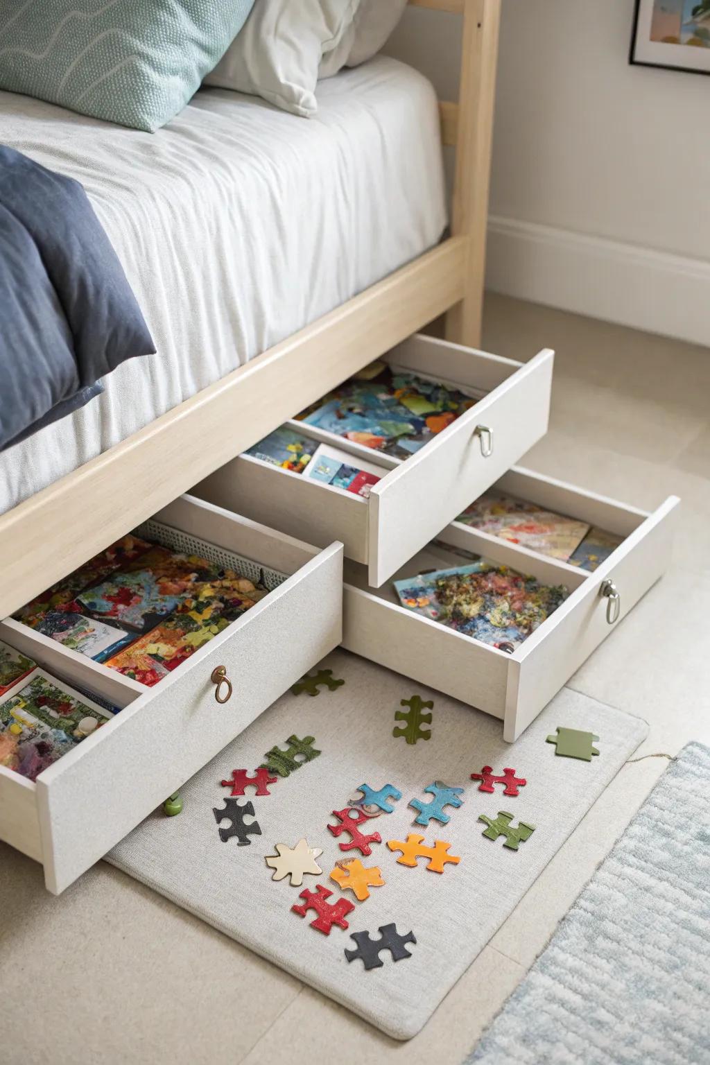 Under-bed storage boxes provide a hidden solution for organizing puzzles.