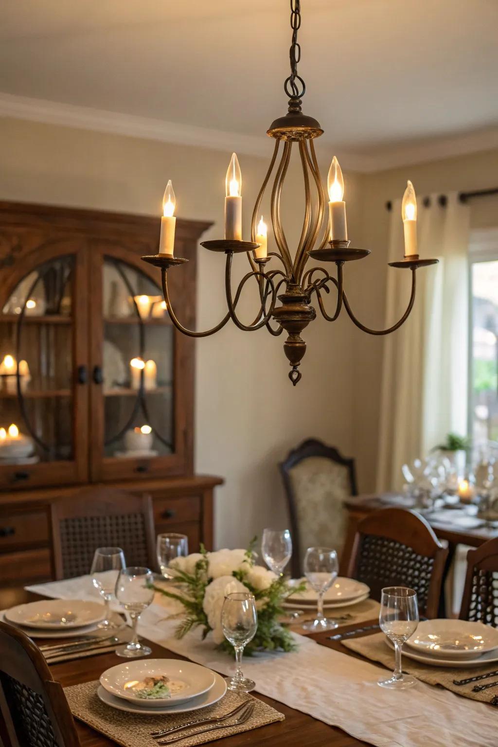 A candle-style chandelier sets an intimate mood in a dining room.