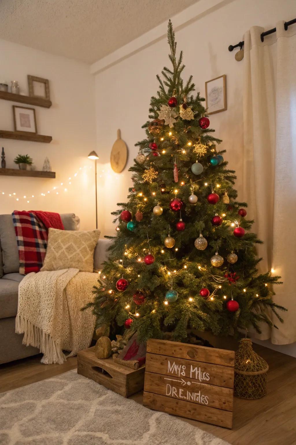 A wooden sign adds a personal and warm touch to your tree decor.