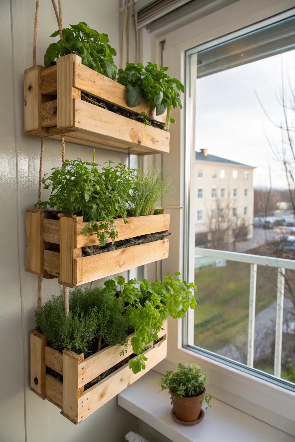 Wooden crates offer a farmhouse vibe for your hanging garden.