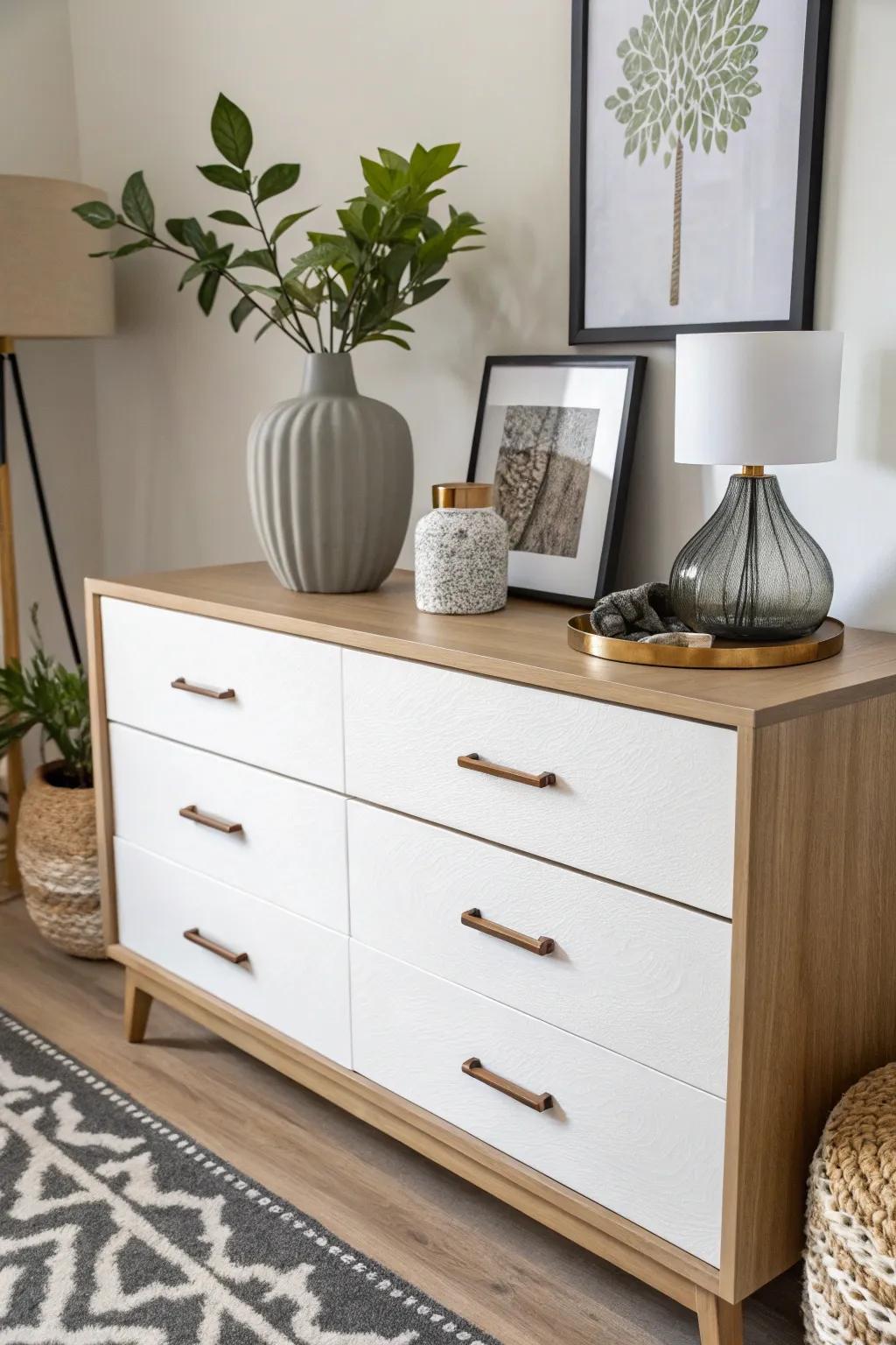 Asymmetry on a dresser creates a casual and visually appealing vibe.