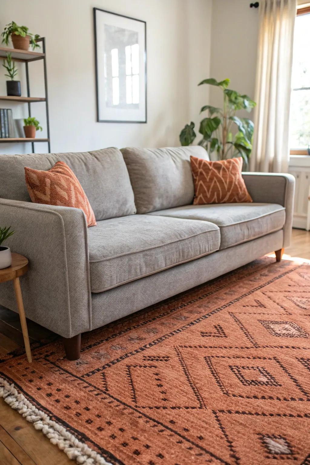 Terracotta rugs introduce warmth and rustic charm to a grey couch setting.