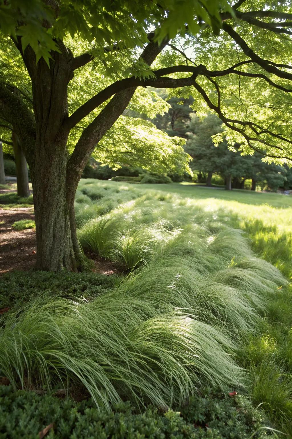 Japanese Forest Grass adds texture and movement.