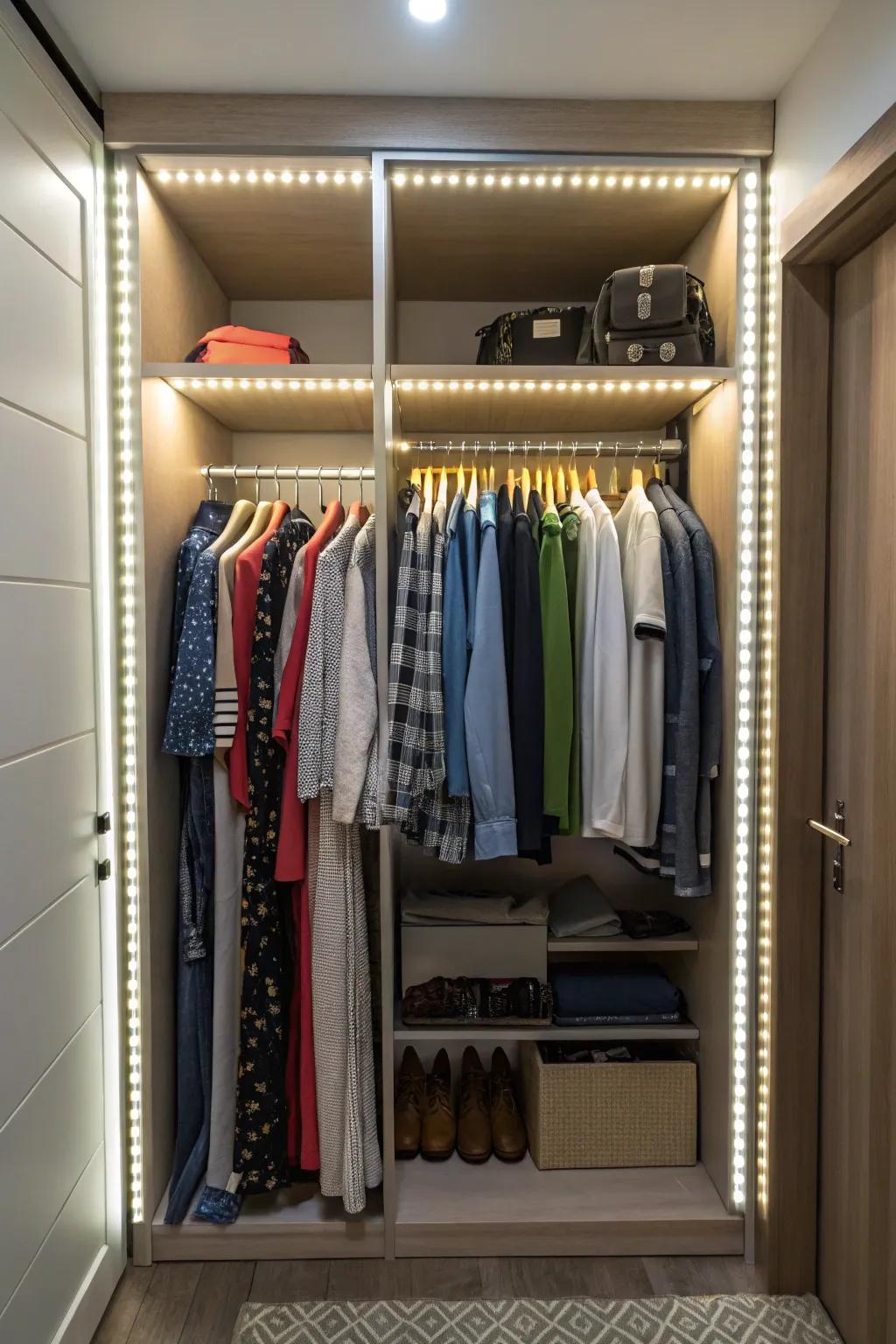 Lighting enhances visibility and ambiance in a small closet.