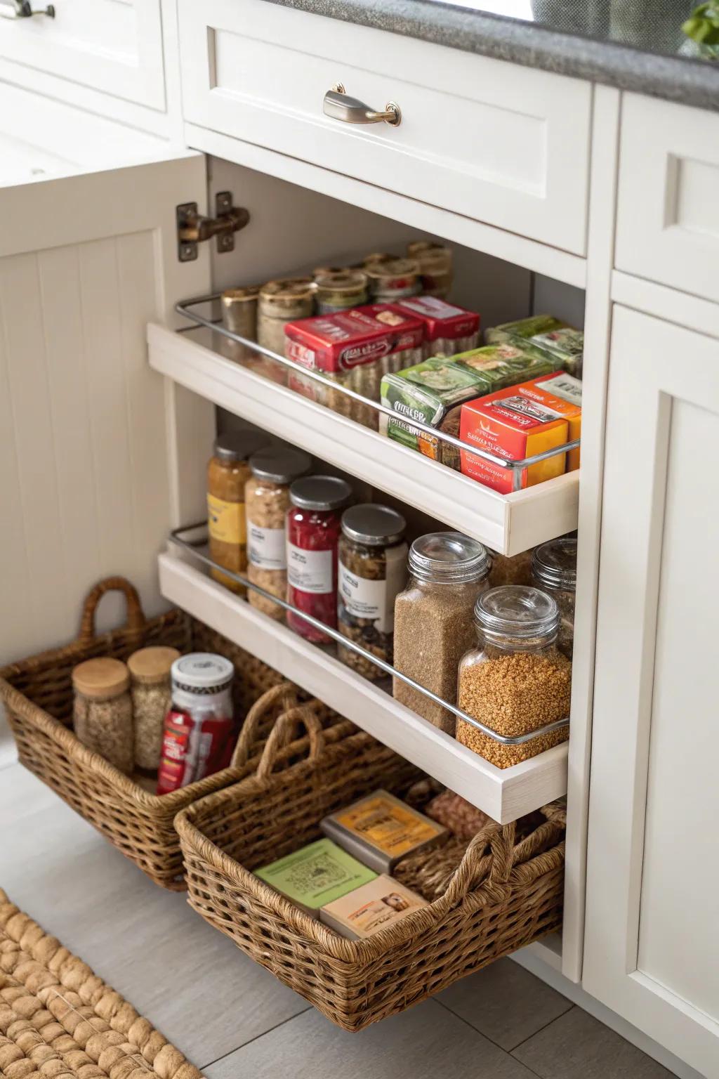 Under-shelf baskets utilize unused vertical space.