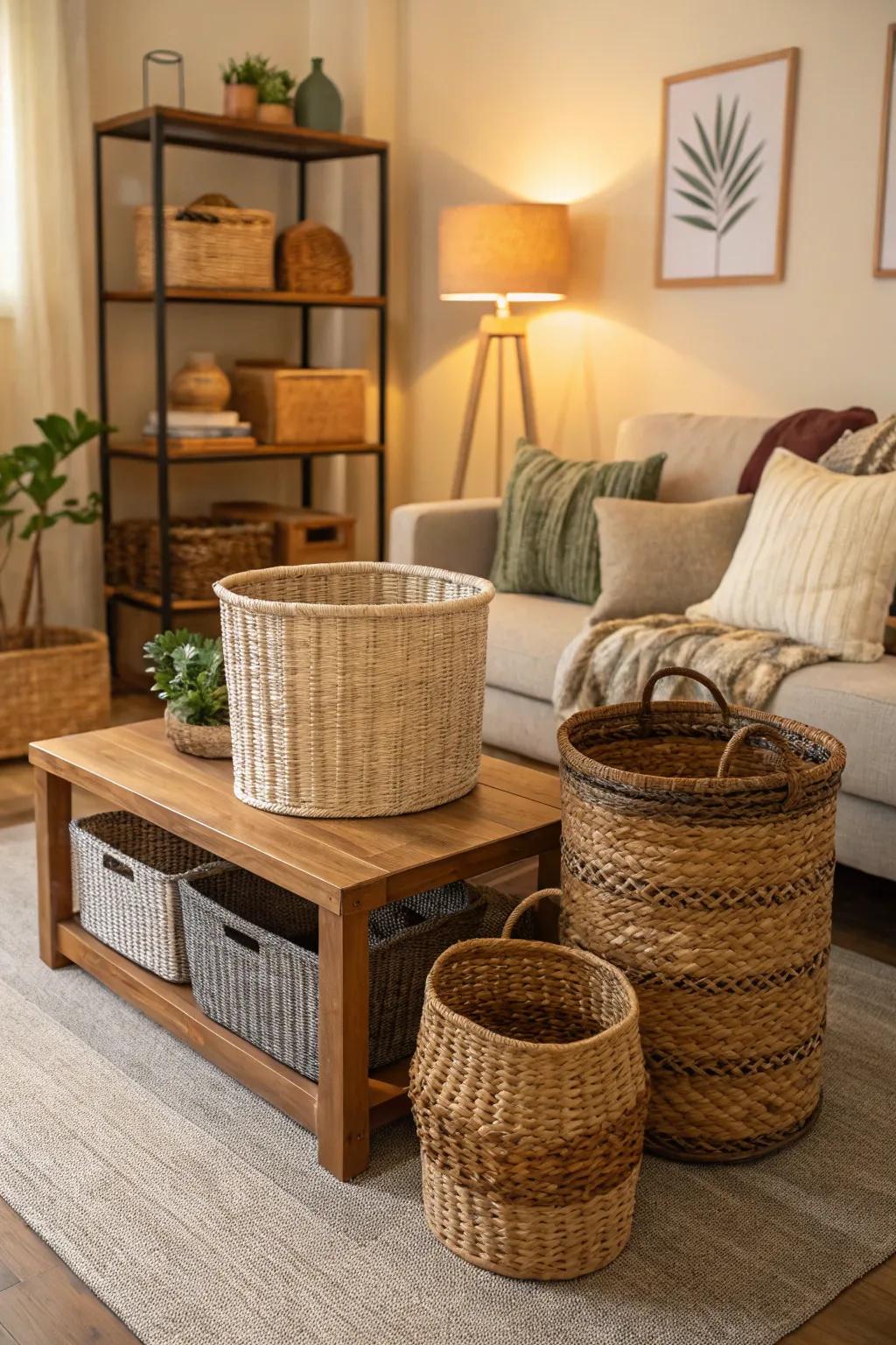 Woven baskets offer stylish and practical storage solutions.