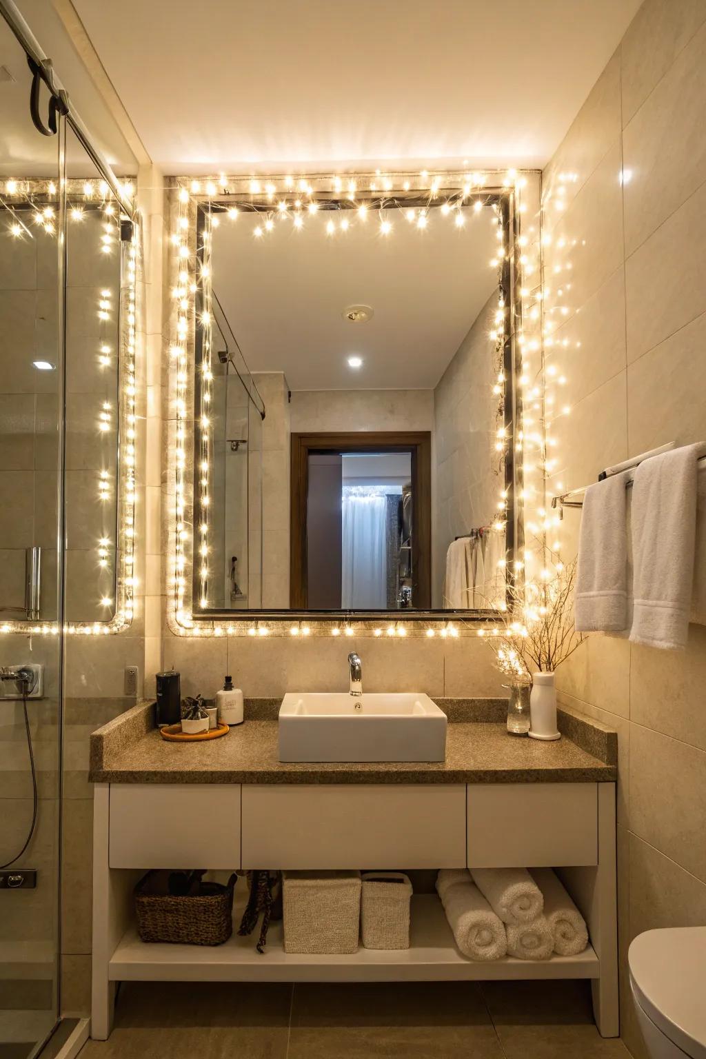 Brighten your bathroom with a string light-outlined mirror.