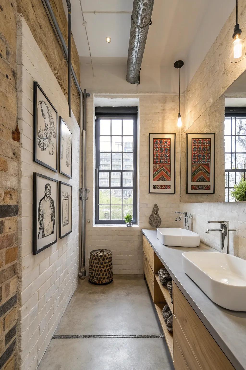 Industrial-themed art adds personality and depth to the bathroom.