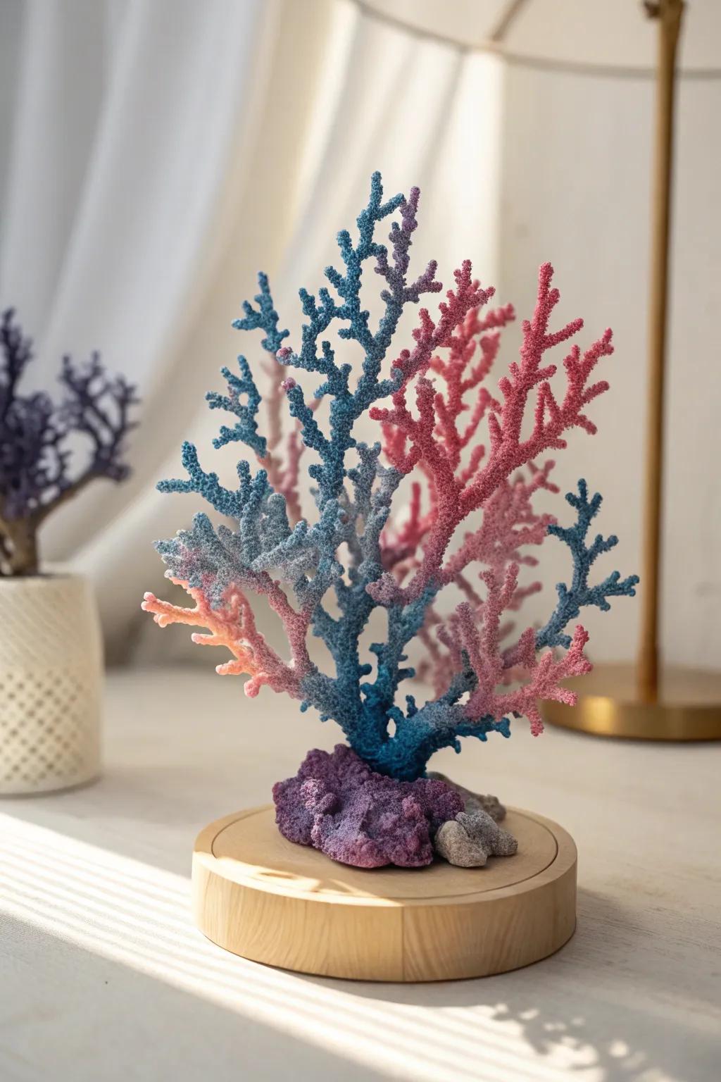Dive into a sugary ocean with this exquisite isomalt sugar coral reef, where vibrant colors meet minimalist elegance.