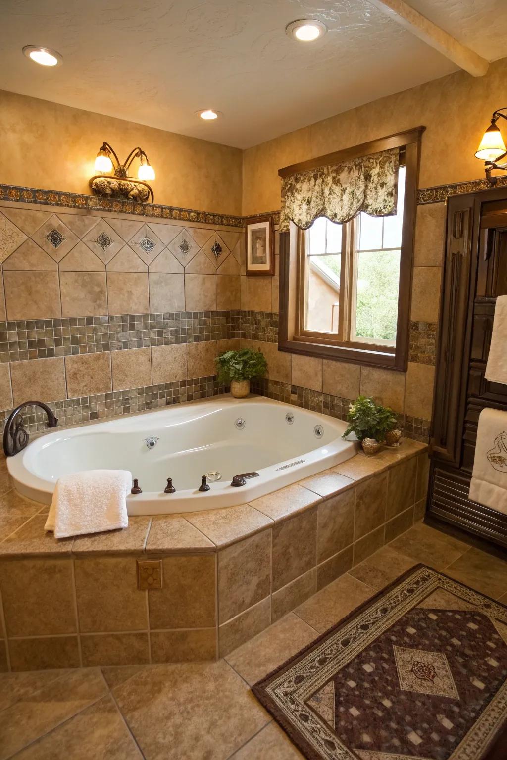 Earth tone tiles create a warm and inviting atmosphere.