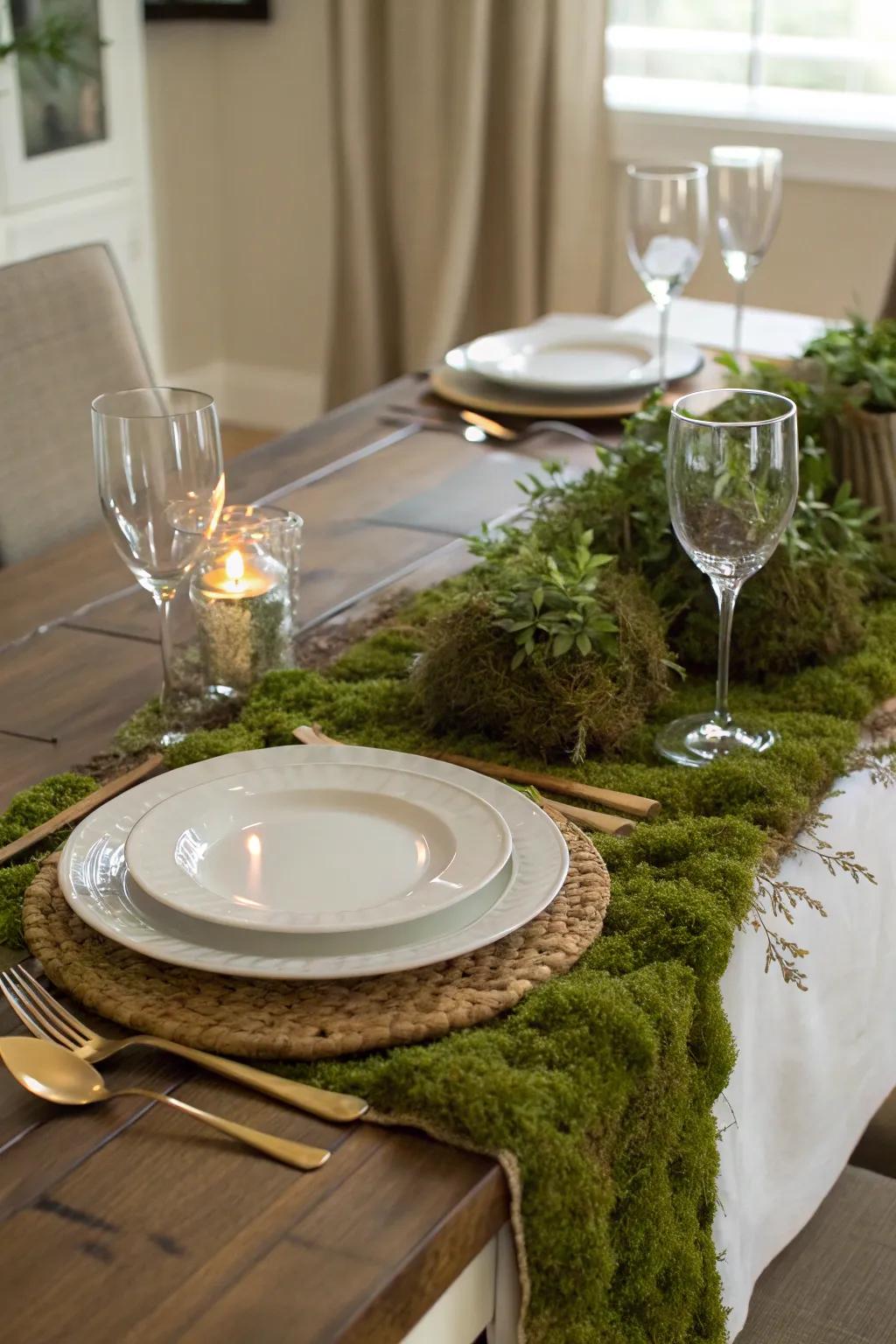 A dining table beautifully decorated with a java moss table runner.