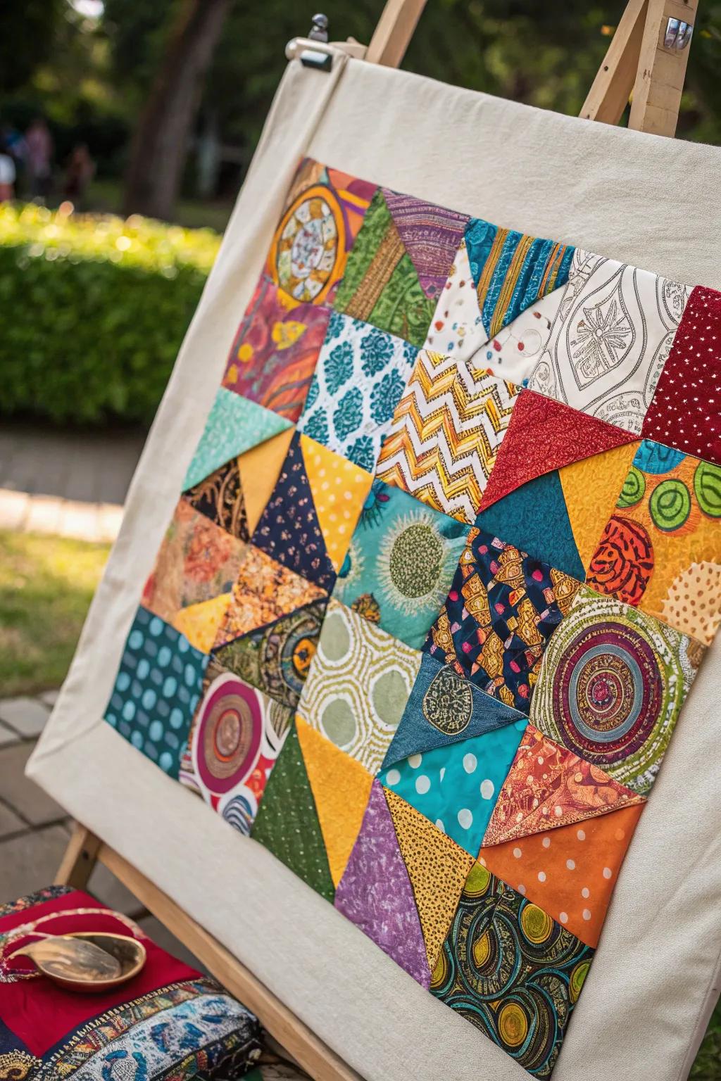 Express your creativity with a lively collage of fabric scraps.