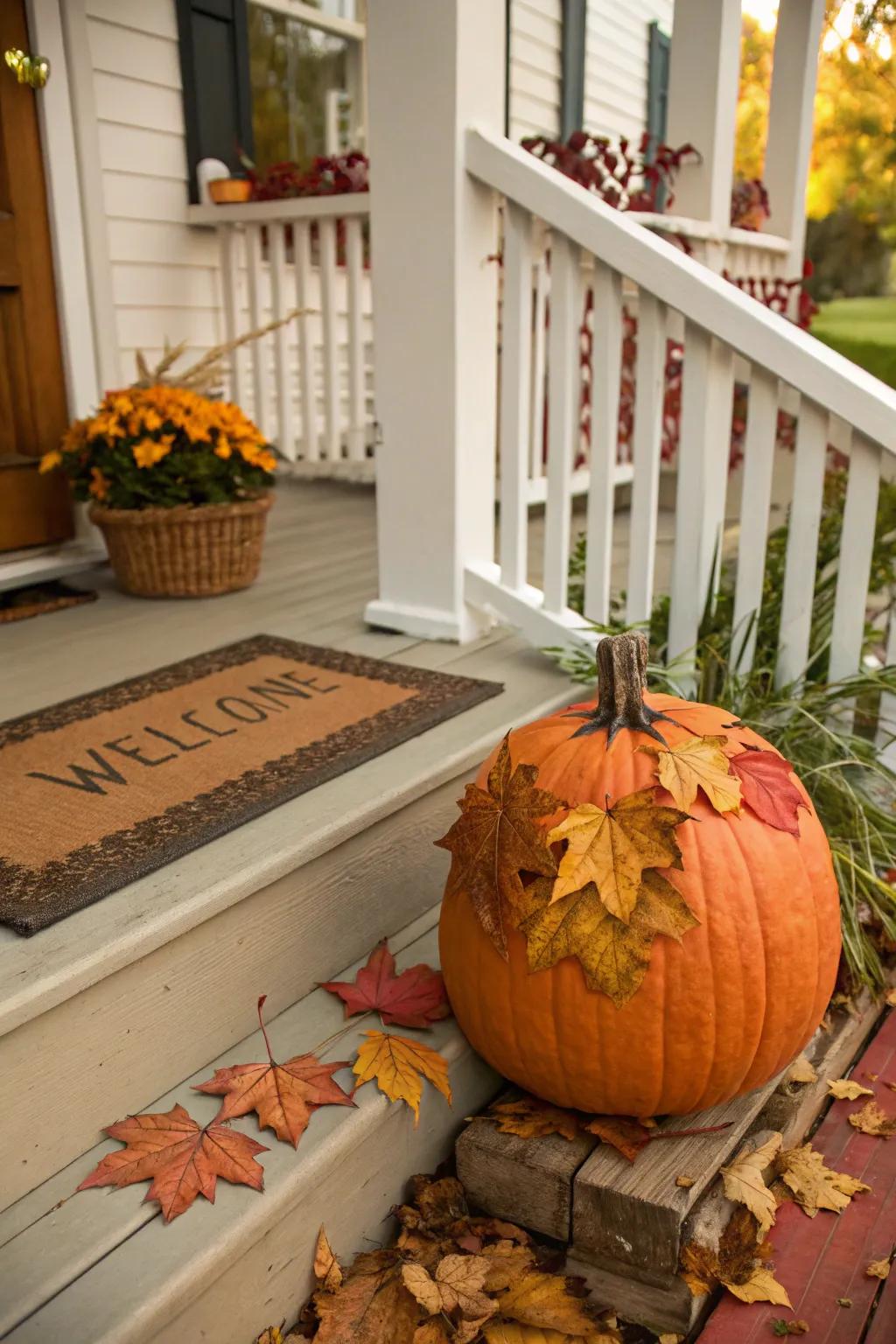 Autumn leaves accentuate the natural beauty of this pumpkin.