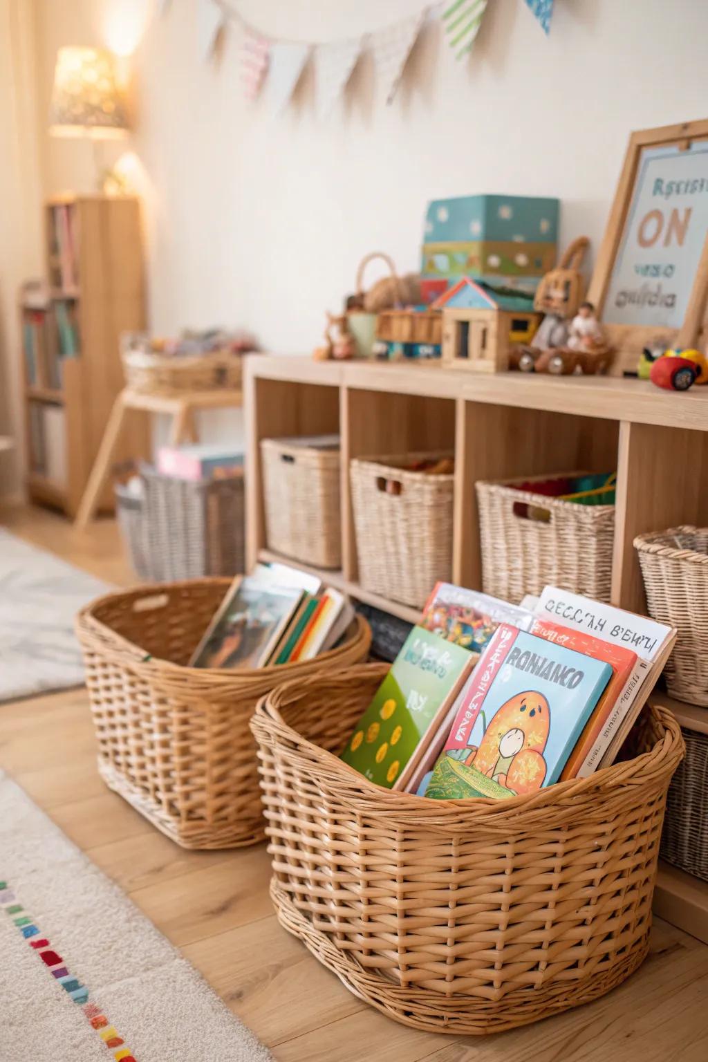 Baskets provide a flexible and stylish book storage solution.