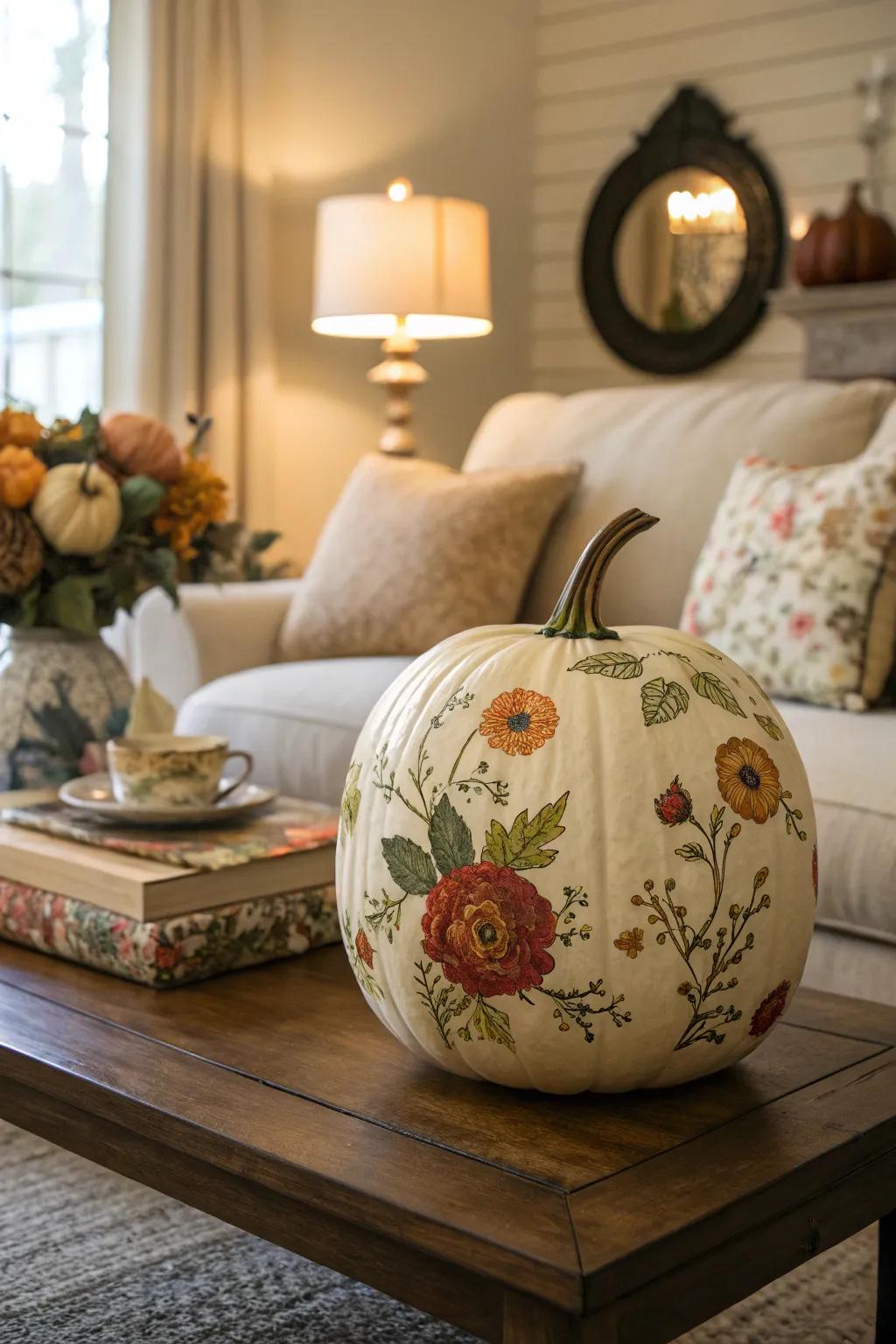 A decoupage pumpkin, showcasing intricate designs and artistic flair.