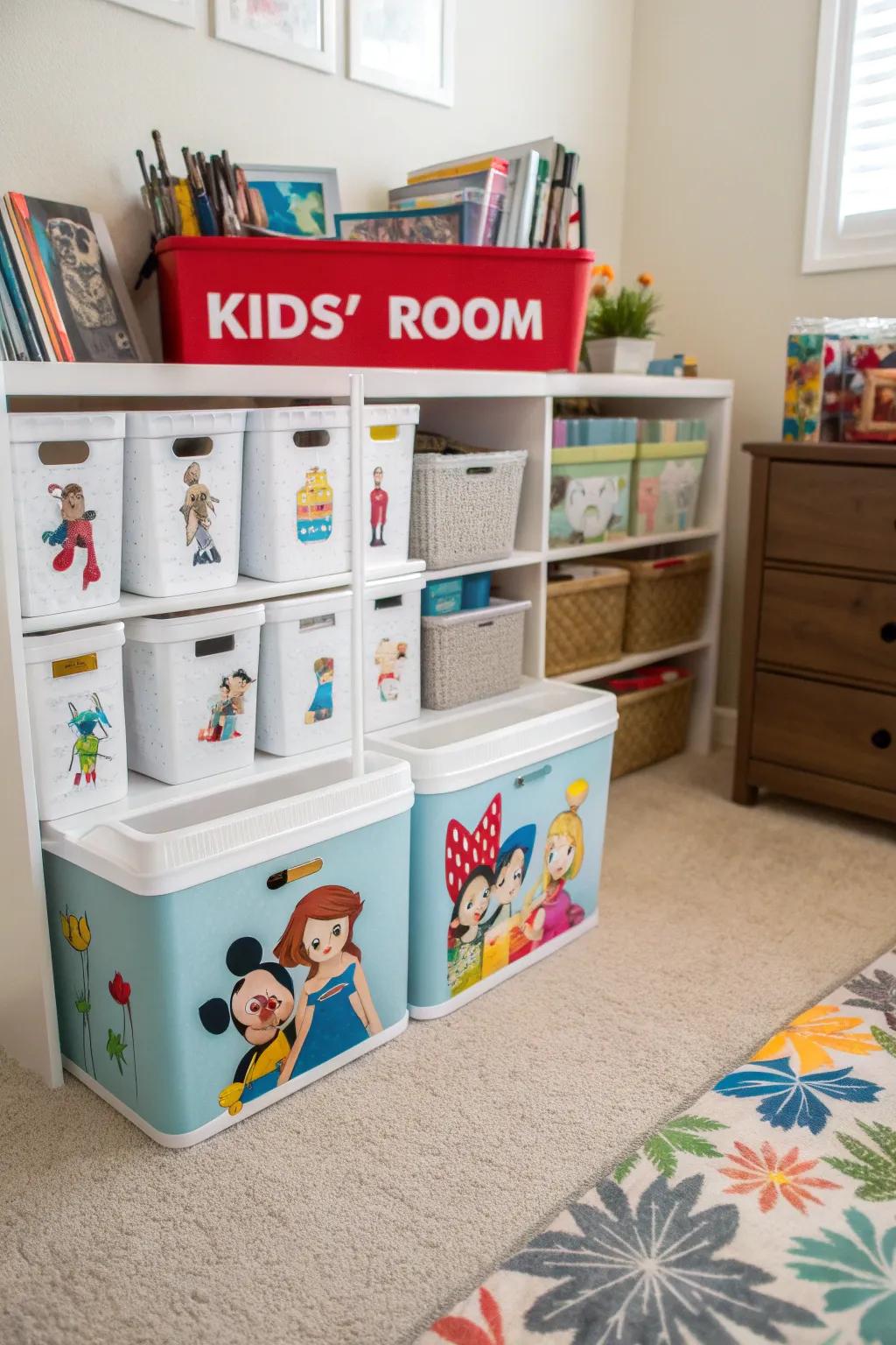 Personalized storage encourages kids to organize their space.