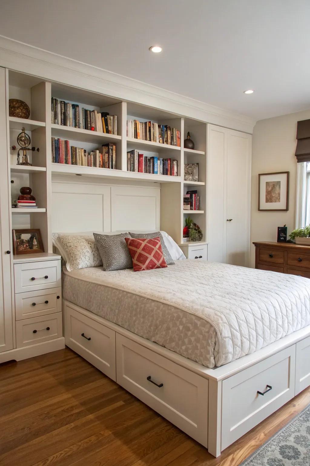 Built-in storage around this king bed offers style and practicality.