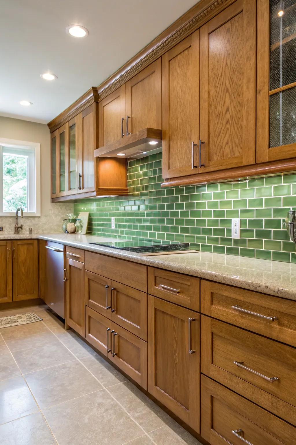 Green glass tiles adding a fresh and lively touch to the kitchen.