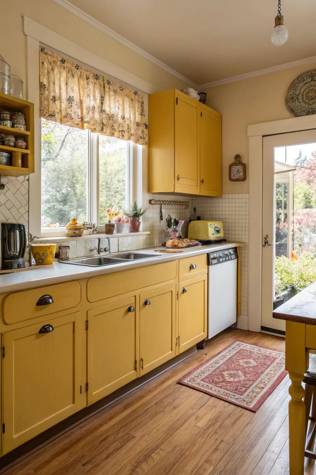 Sunny mustard yellow cabinets add a cheerful retro vibe.