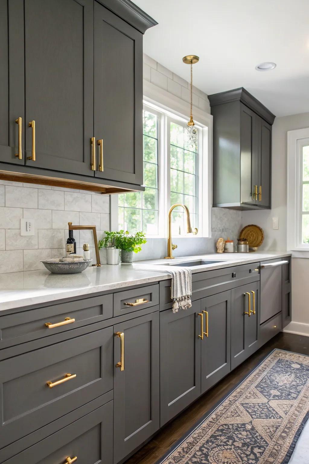 Chic charcoal and gold create a sleek, modern kitchen design.