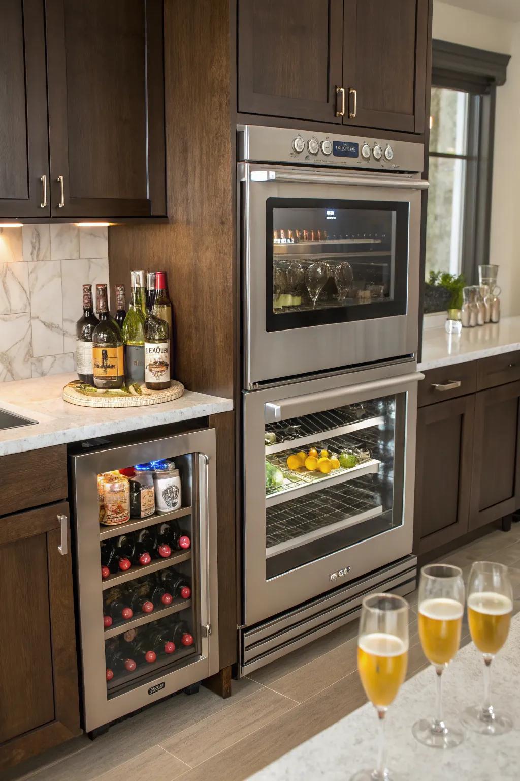 Double ovens strategically placed above a well-stocked beverage center.