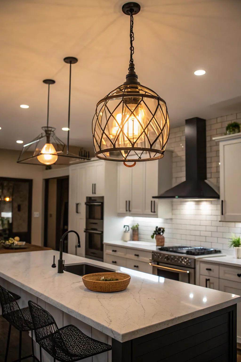 Statement lighting adds a dramatic touch to kitchen design.