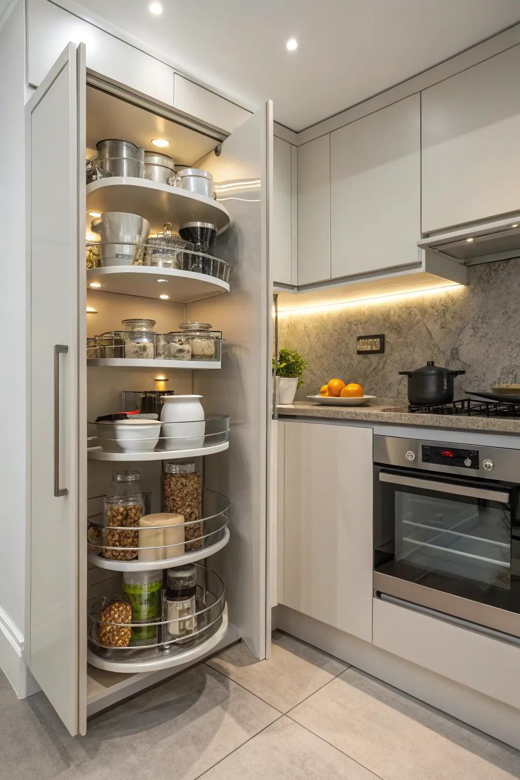 Rotating shelves optimize space in corner cabinets.