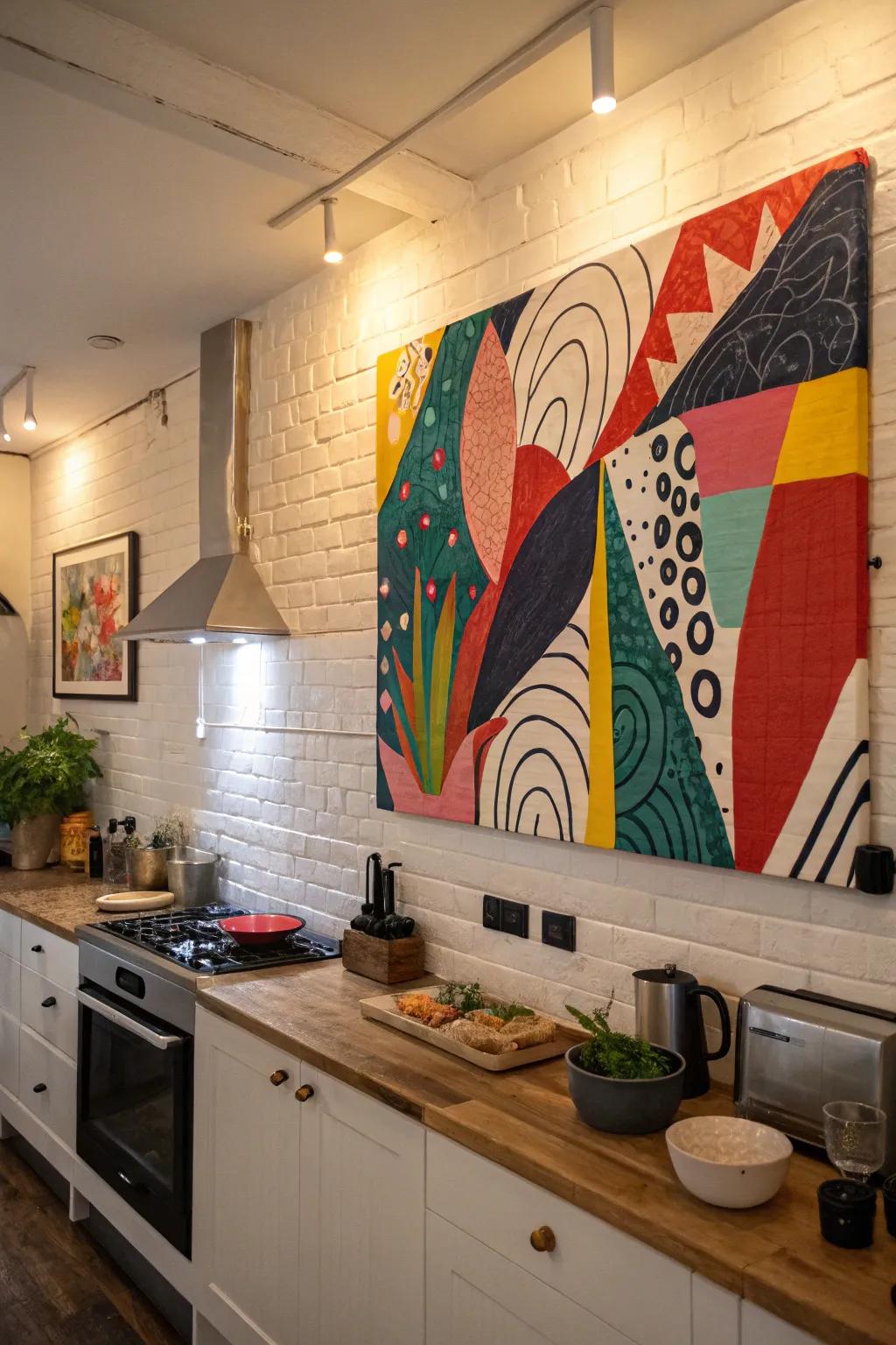 Abstract art adds bold color and intrigue to the kitchen.